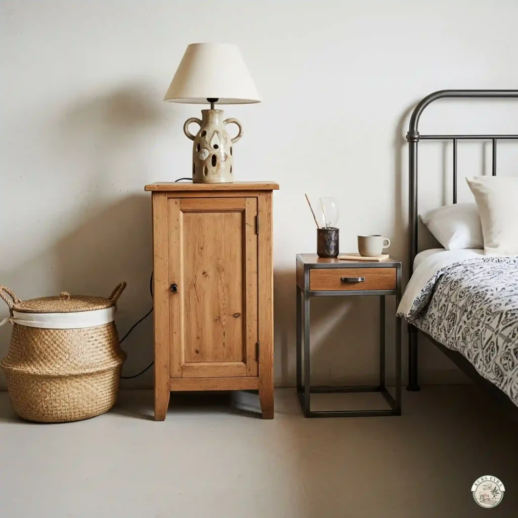 Mismatched nightstands, ceramic lamp.