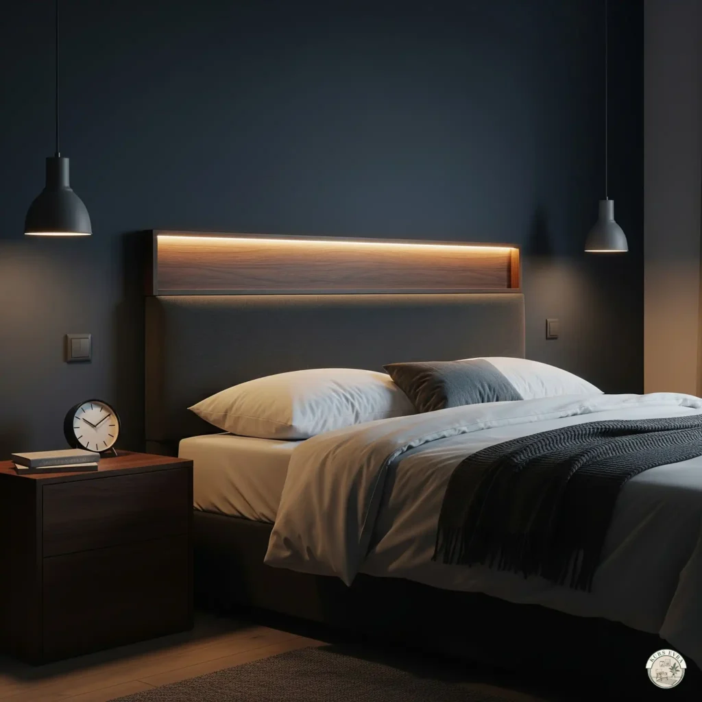 A modern bedroom with a sleek headboard featuring integrated LED strip lighting, crisp white bedding, and dark navy walls.