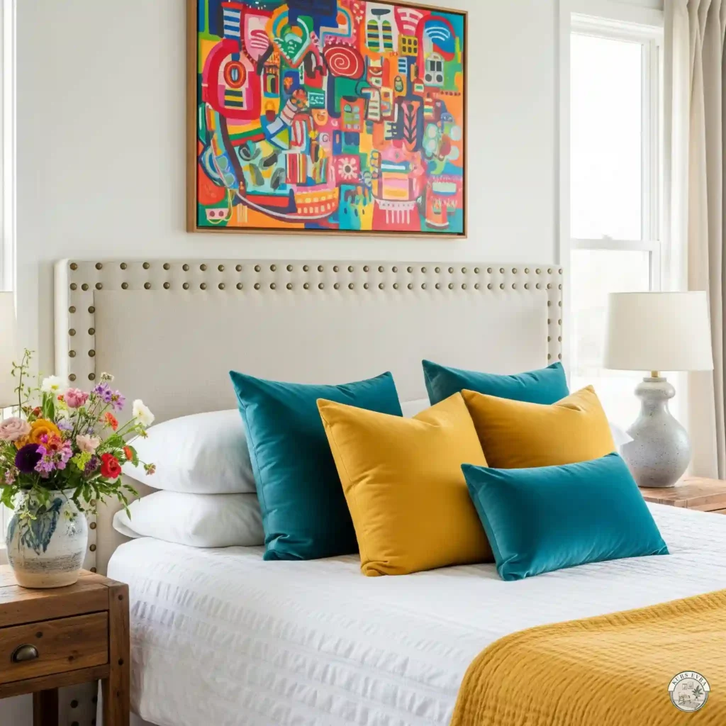 An eclectic bedroom with a DIY headboard covered in soft linen fabric with brass tacks, white bedding, and colorful accent pillows.