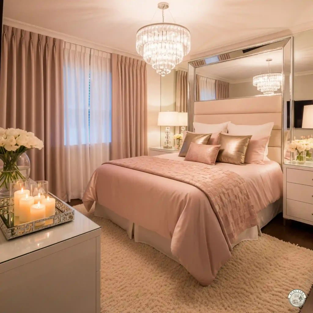 A glamorous small bedroom with a mirrored headboard, blush pink bedding, metallic gold pillows, and a crystal chandelier.
