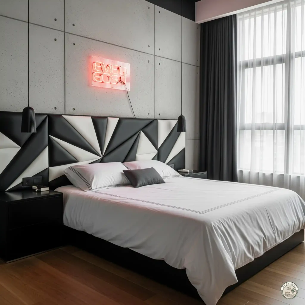 A modern loft bedroom with a geometric black-and-white headboard, simple white bedding, and a concrete accent wall.
