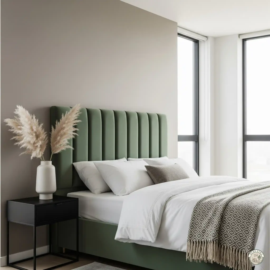 A contemporary bedroom with a sage green velvet channel-tufted headboard, white bedding, and a sleek black nightstand.