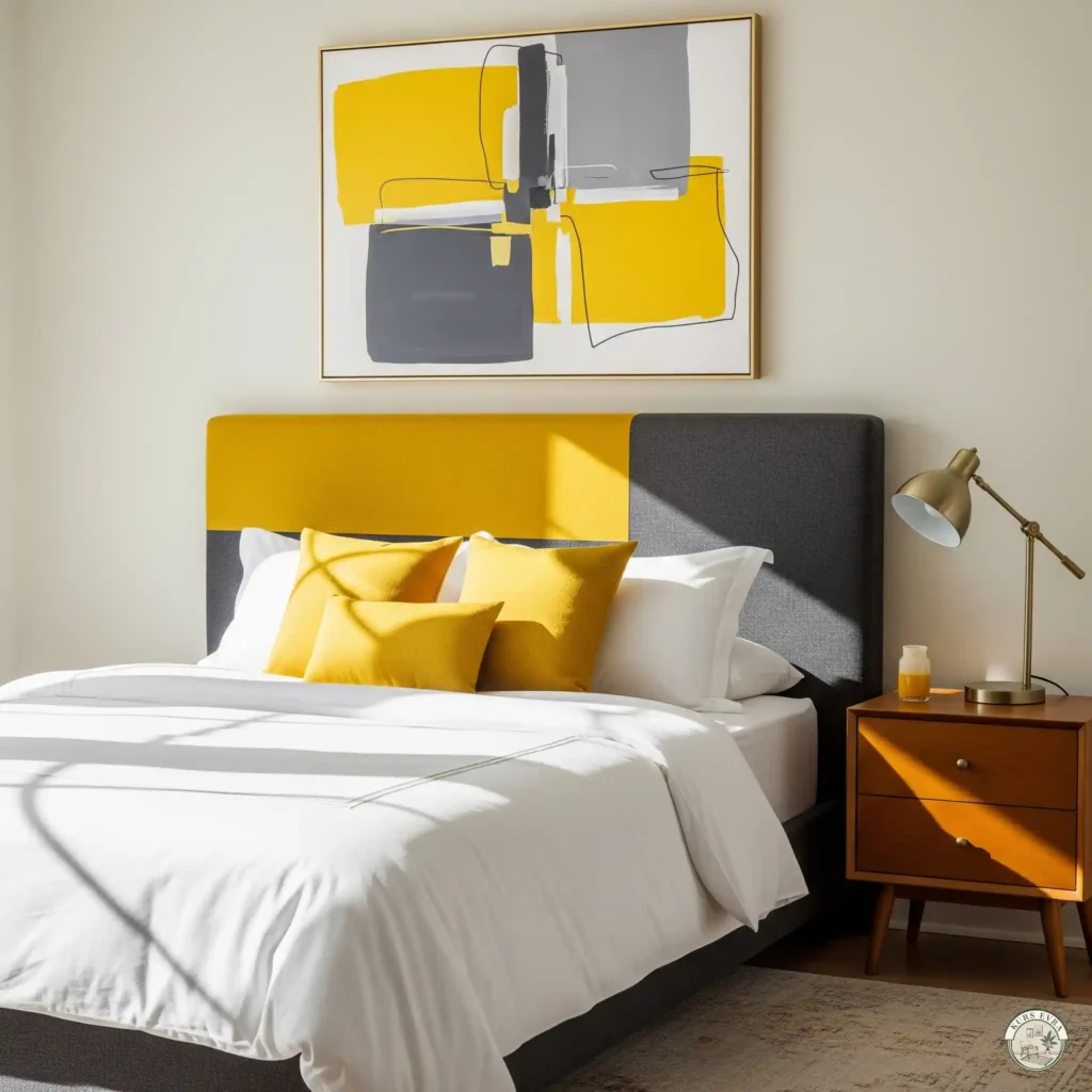  A vibrant bedroom with a color-blocked headboard in mustard yellow and charcoal gray, white bedding, and an abstract painting.