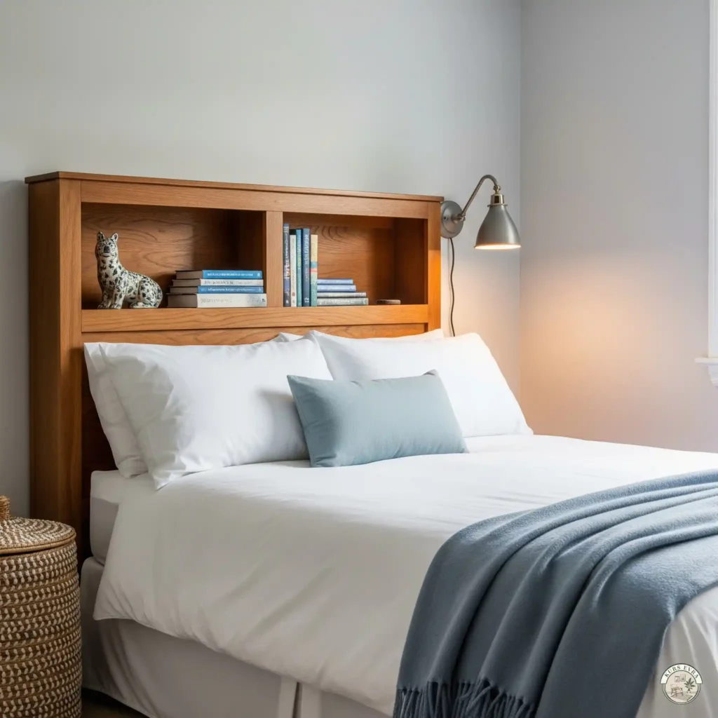 A cozy guest bedroom with a wooden headboard featuring built-in shelves, white bedding, a soft blue throw, and a woven basket.