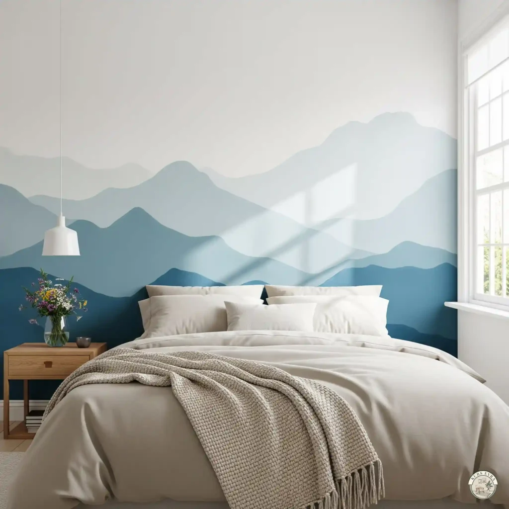 A serene bedroom with a painted headboard mural of soft blue mountains, neutral beige bedding, and a wooden nightstand.