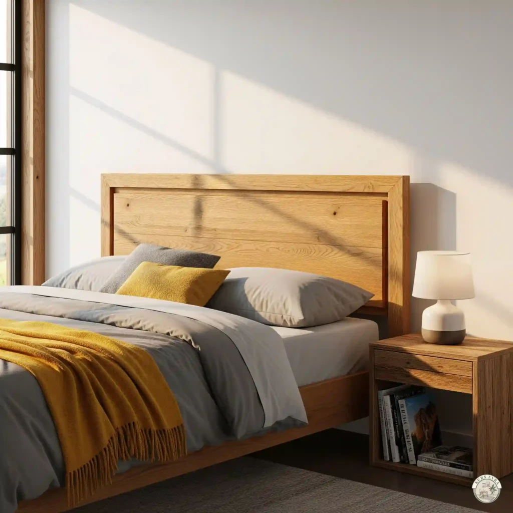 A modern rustic bedroom with a sleek oak headboard, gray bedding, and a mustard yellow throw, bathed in warm sunlight.