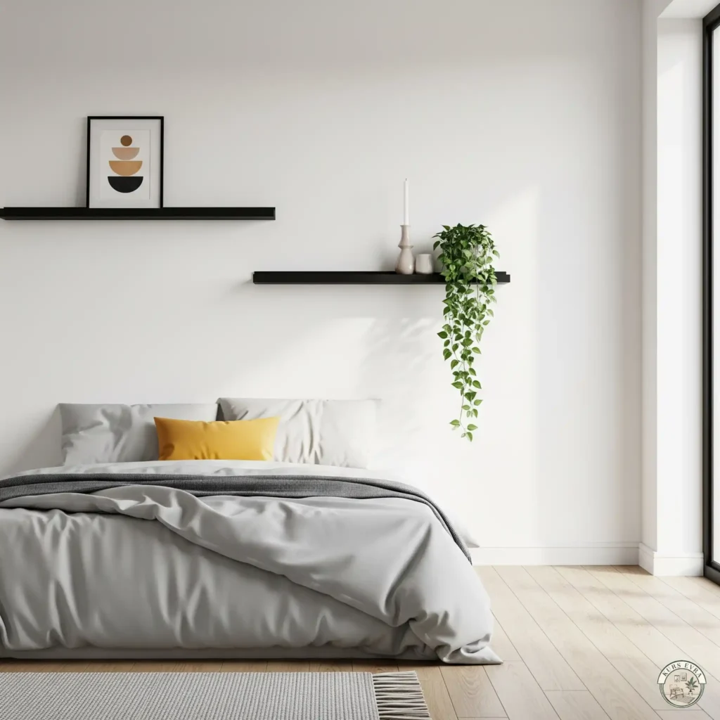 Minimalist bedroom with a bed against a white wall, featuring two black floating shelves.