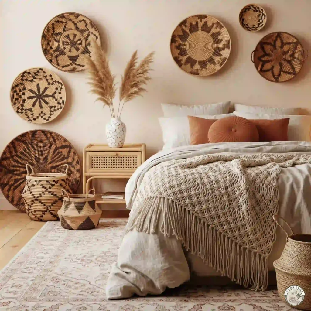 Boho-chic bedroom with a bed against a light beige wall adorned with woven baskets.