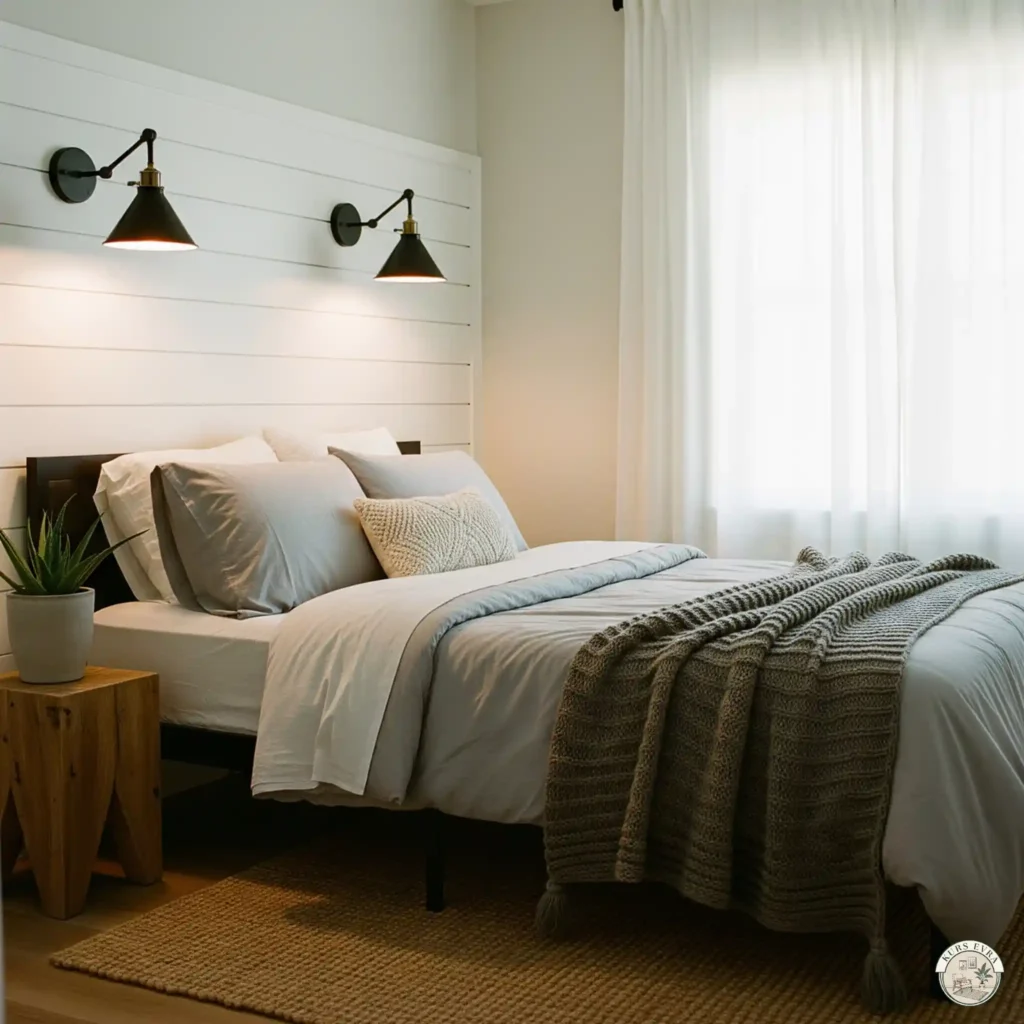 Cozy modern farmhouse bedroom with a bed against a white shiplap accent wall.
