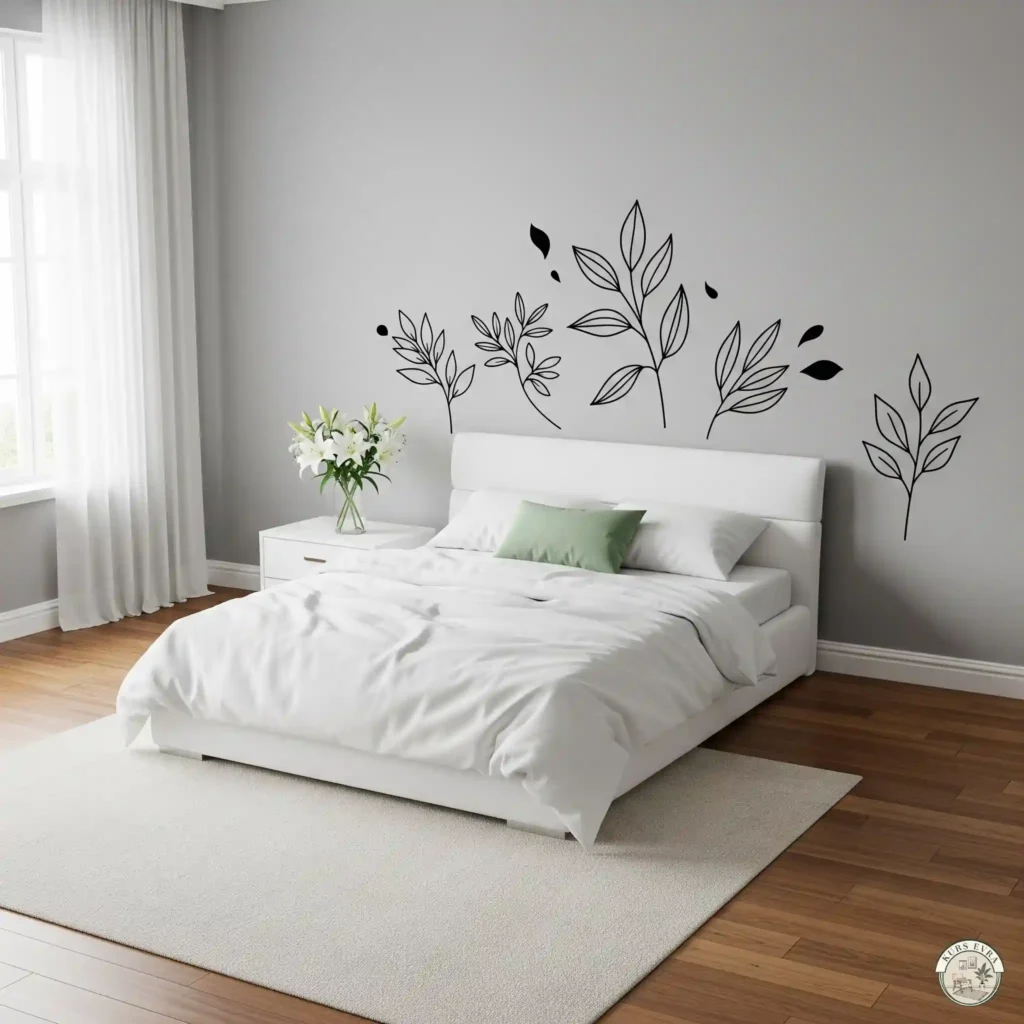 Serene bedroom with a bed against a light gray wall, decorated with minimalist black wall decals.