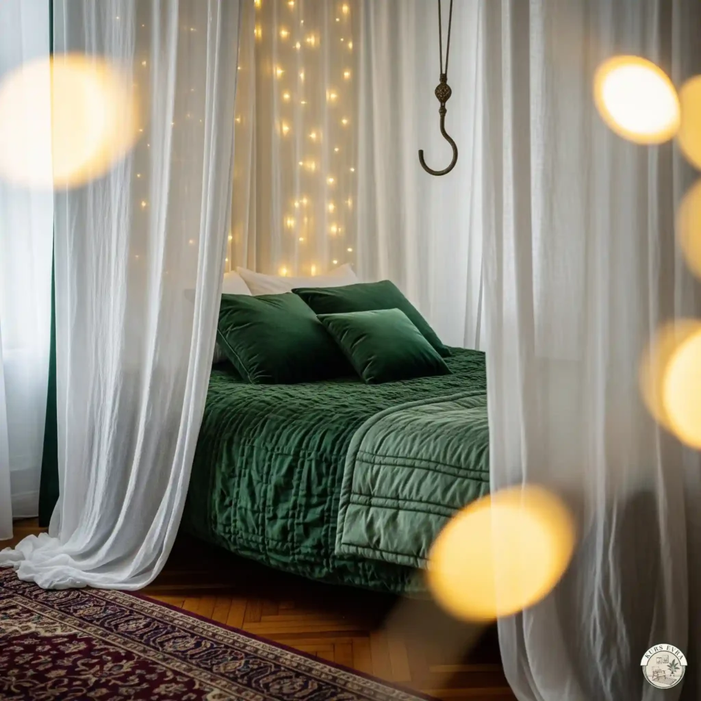 Romantic bedroom with a bed framed by sheer white linen fabric and fairy lights.