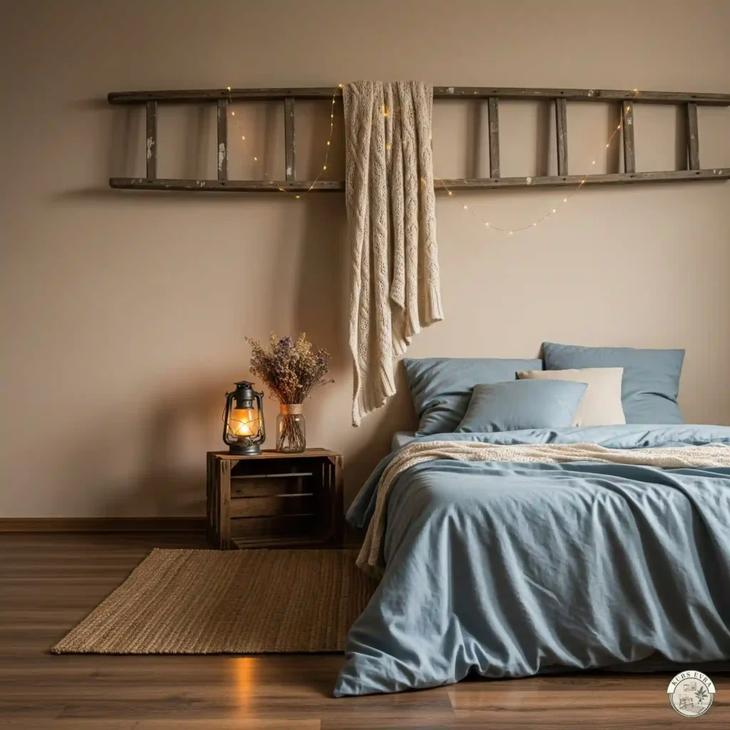  Rustic bedroom with a bed against a beige wall, featuring a weathered wooden ladder.