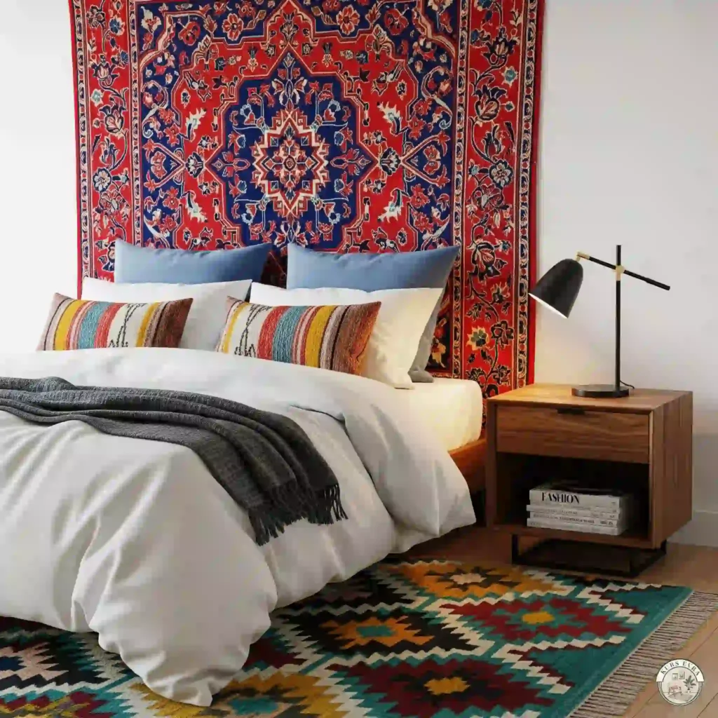 Vibrant bedroom with a bed against a wall showcasing a large Moroccan-style tapestry.
