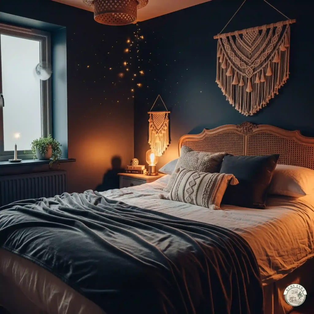A cozy bedroom with deep midnight navy walls, a cream linen bedspread, and twinkling fairy lights.
