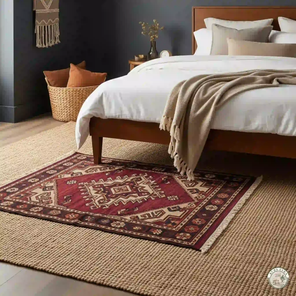  A bedroom floor with a large jute rug layered with a smaller burgundy kilim rug, beneath a dark wood bed.