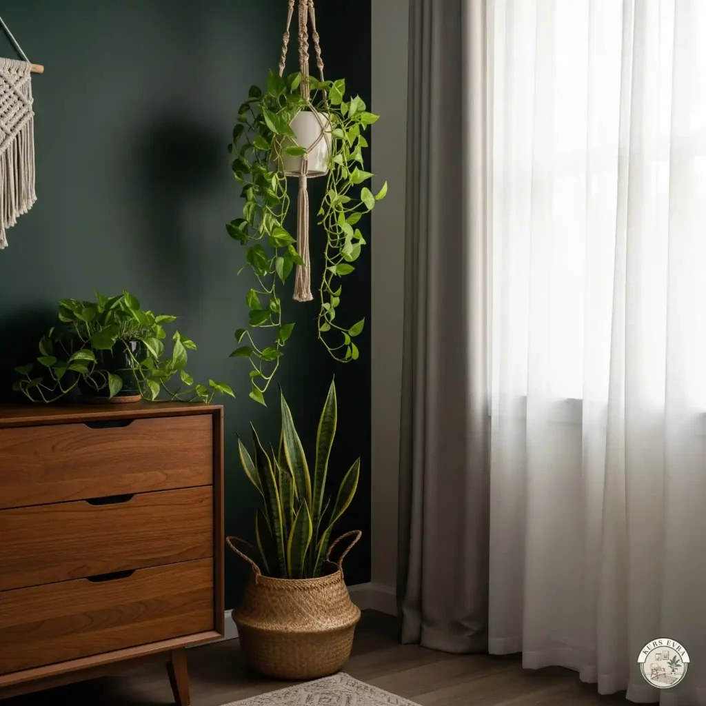 A dark boho bedroom corner with trailing pothos, a snake plant in a rattan basket, and a dark wood dresser.