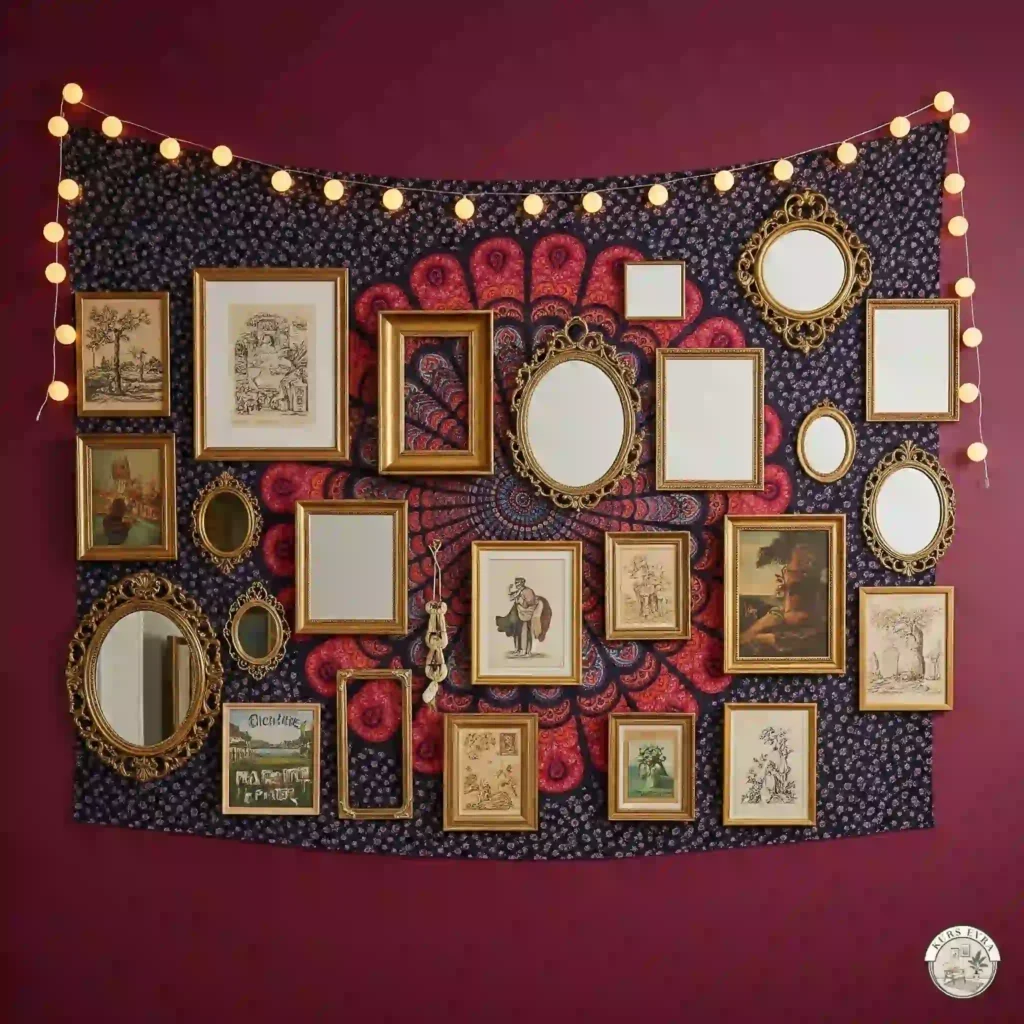  A dark boho bedroom corner with trailing pothos, a snake plant in a rattan basket, and a dark wood dresser.