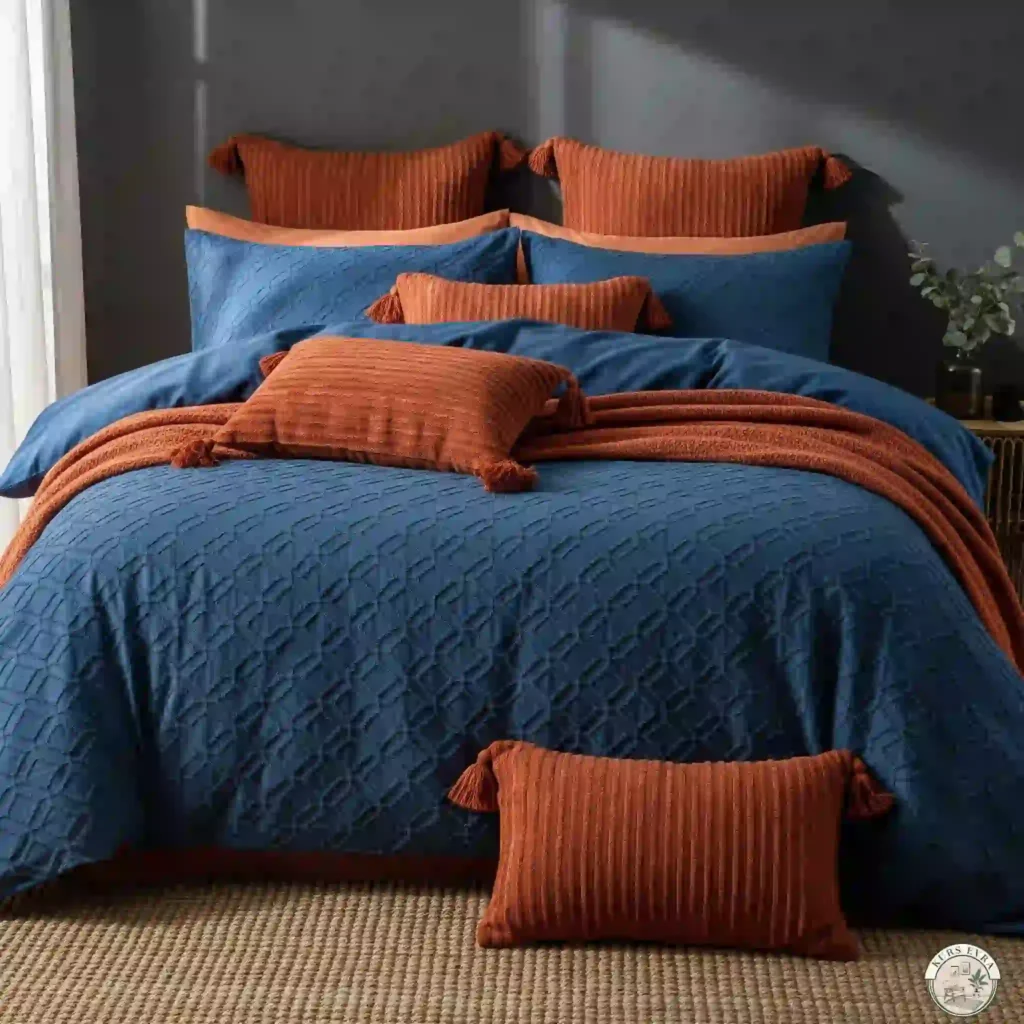 A bed dressed in a sapphire blue duvet with geometric patterns and rust-colored throw pillows, against a dark gray wall.