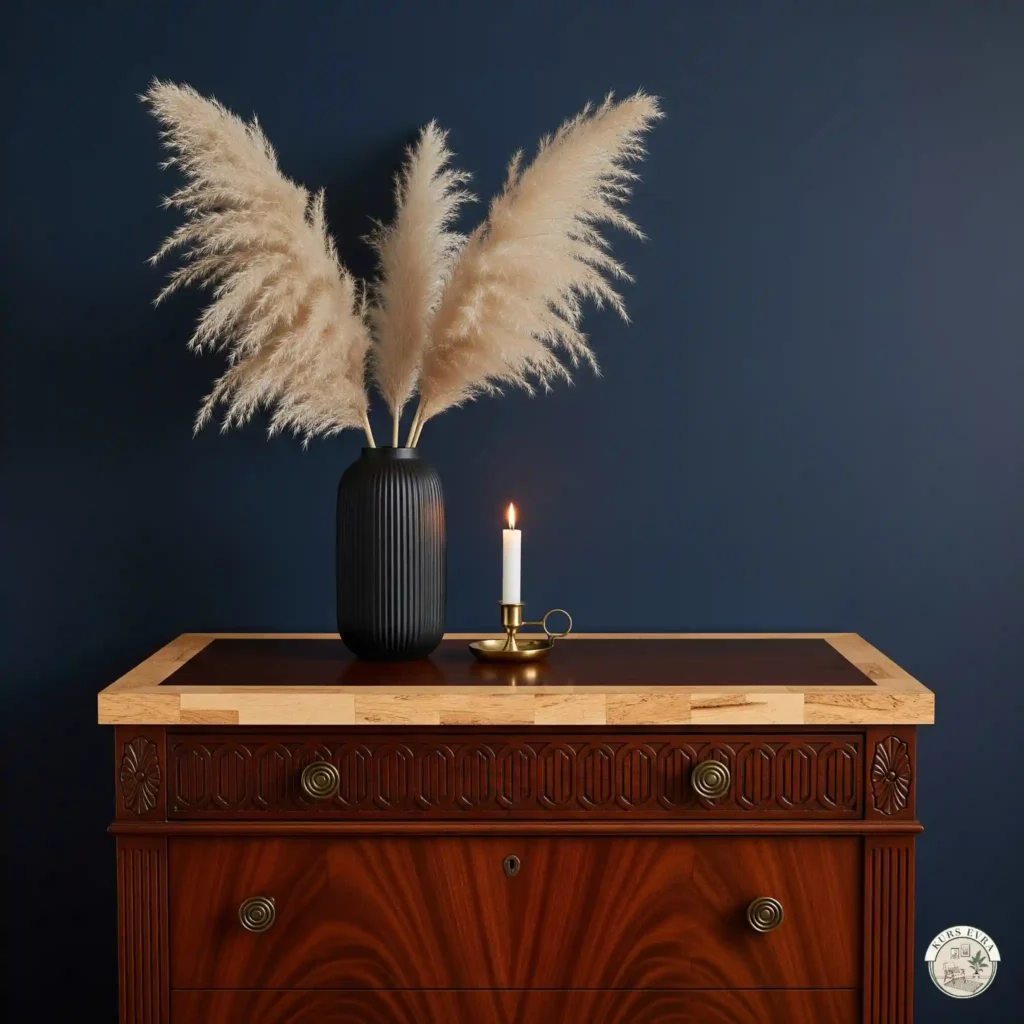  A mahogany dresser with a rich grain finish against a midnight navy wall, with a pampas grass arrangement and a brass candle holder.