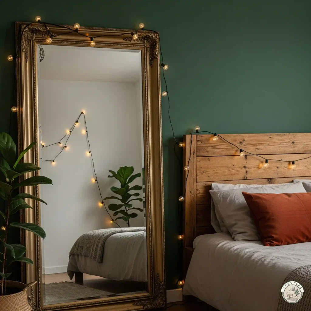 A large brass-framed mirror leaning against a dark emerald green wall, reflecting fairy lights.