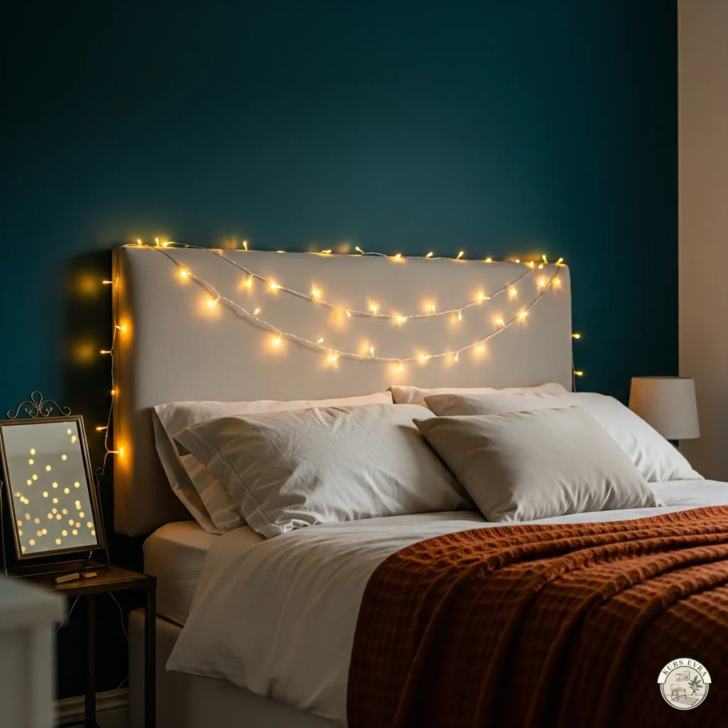 A headboard draped with warm-white fairy lights against a deep teal wall, with cream linens and a rust-colored throw.