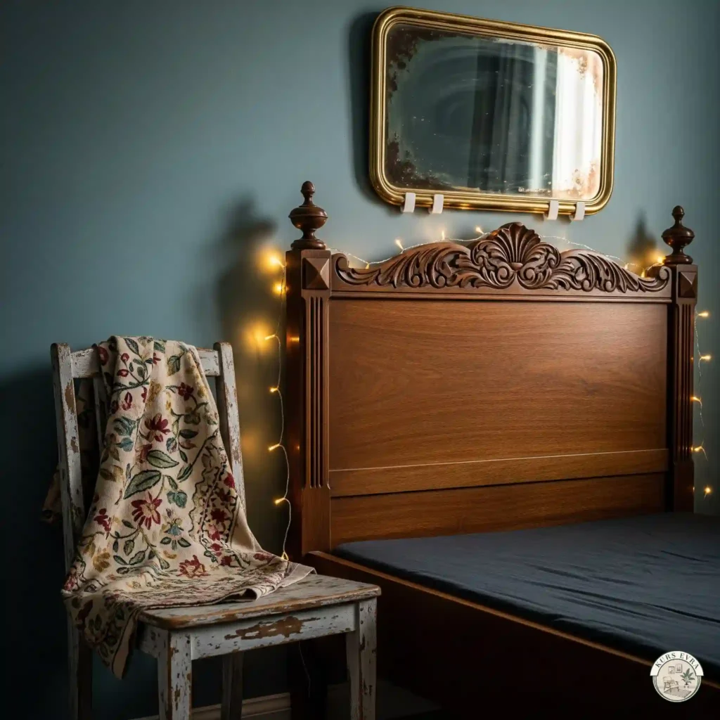 Distressed chair with tapestry and mirror.