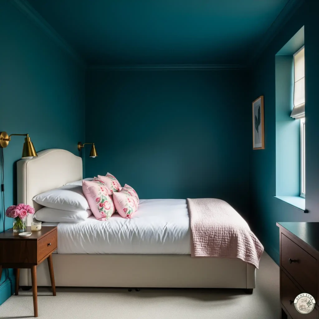 Deep teal bedroom with cream bed, pink floral pillows.