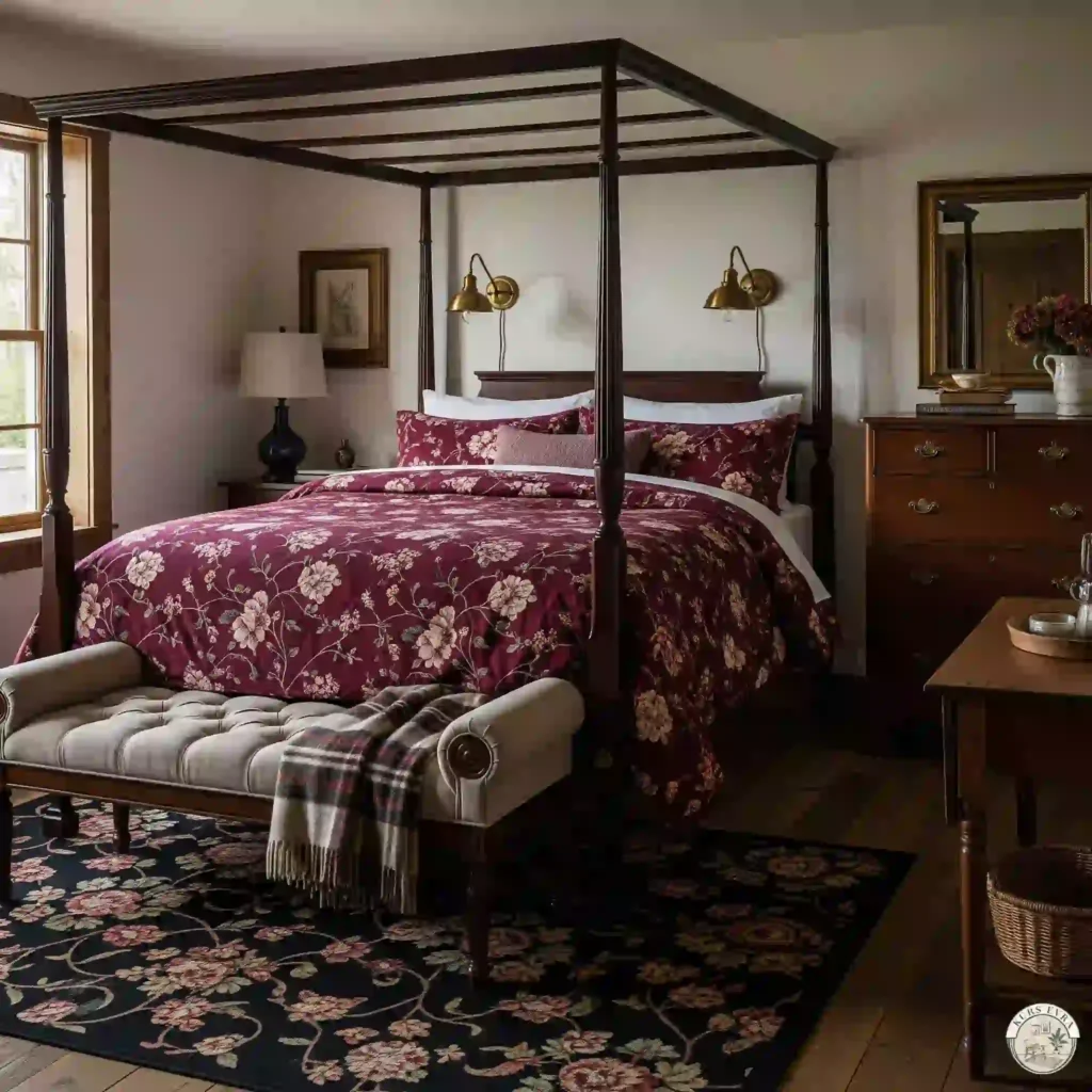Rustic dark wood bedroom with burgundy floral bedding.