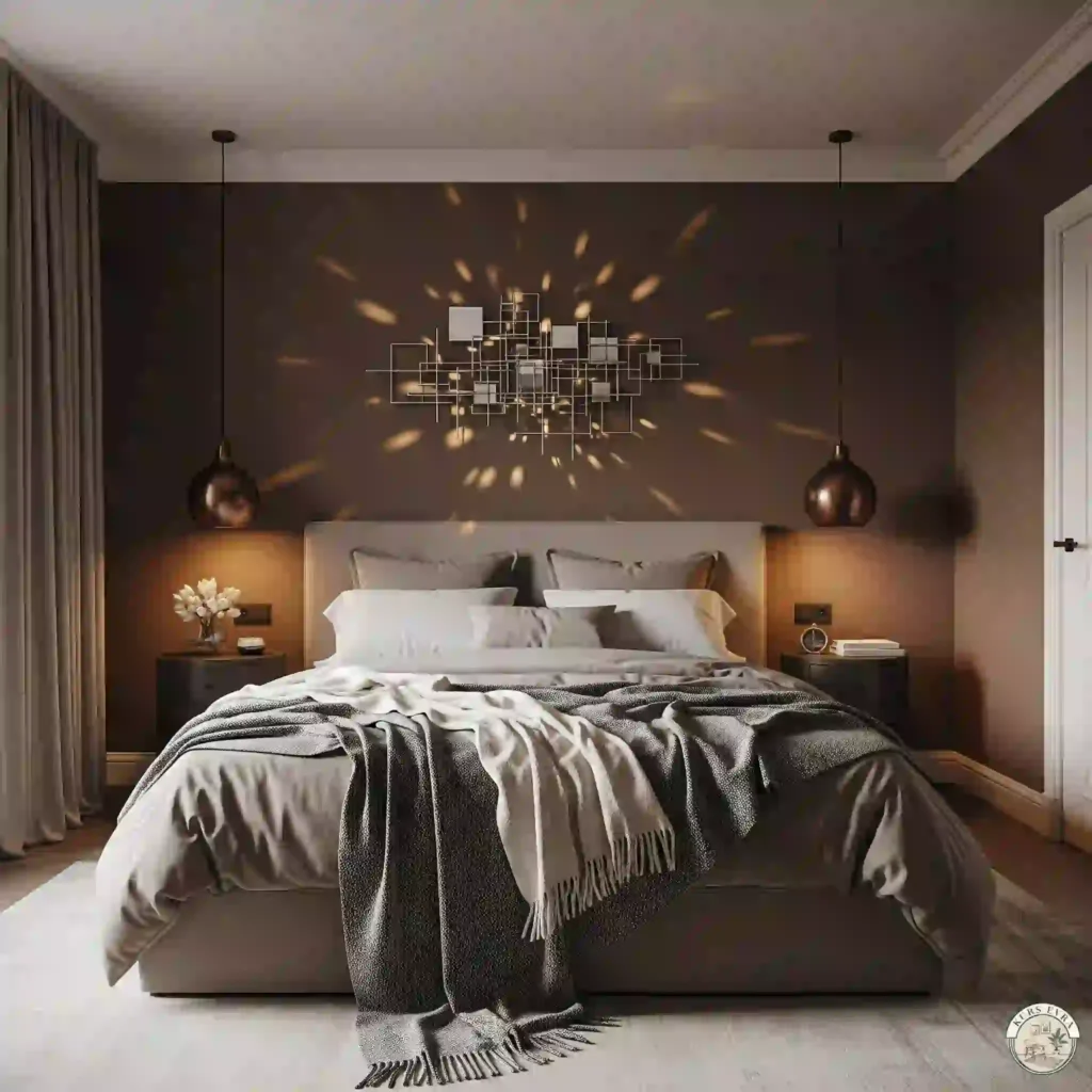 Warm brown bedroom with taupe bedding, bronze lights.