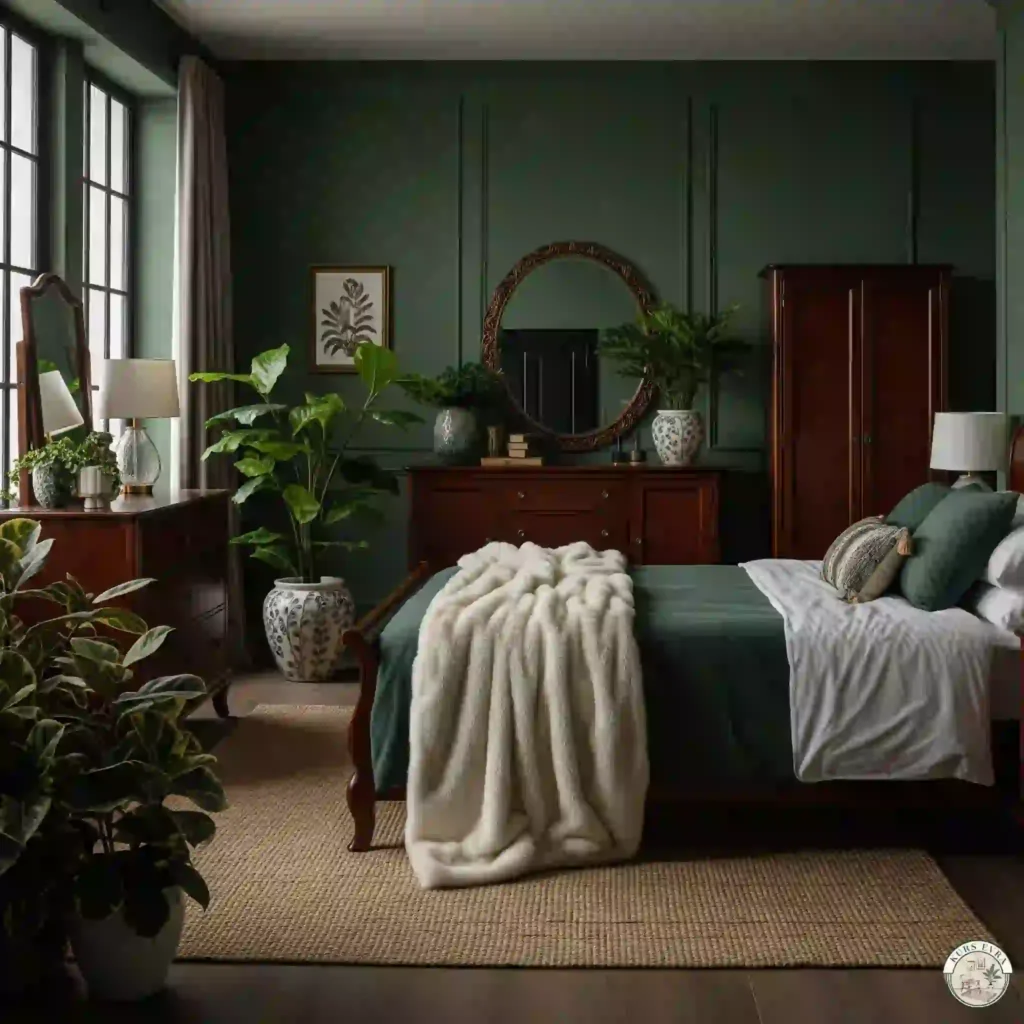 Green bedroom, mahogany, plants, fur