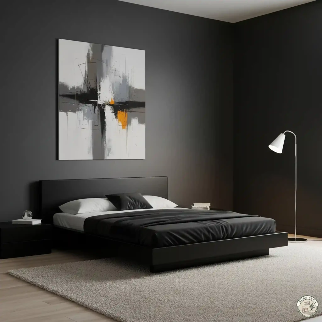 Sleek bedroom, charcoal, black bed, abstract art.