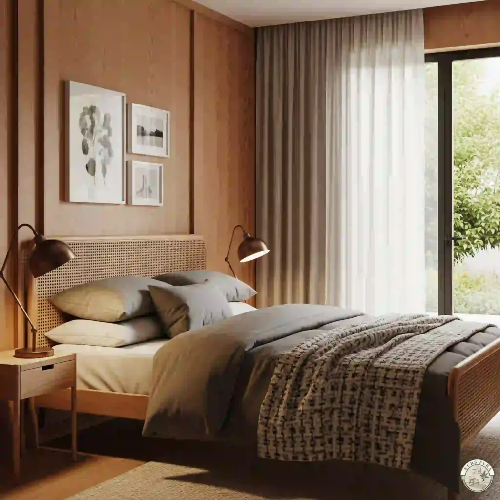 Cozy rosewood bedroom with woven bed, grey bedding.