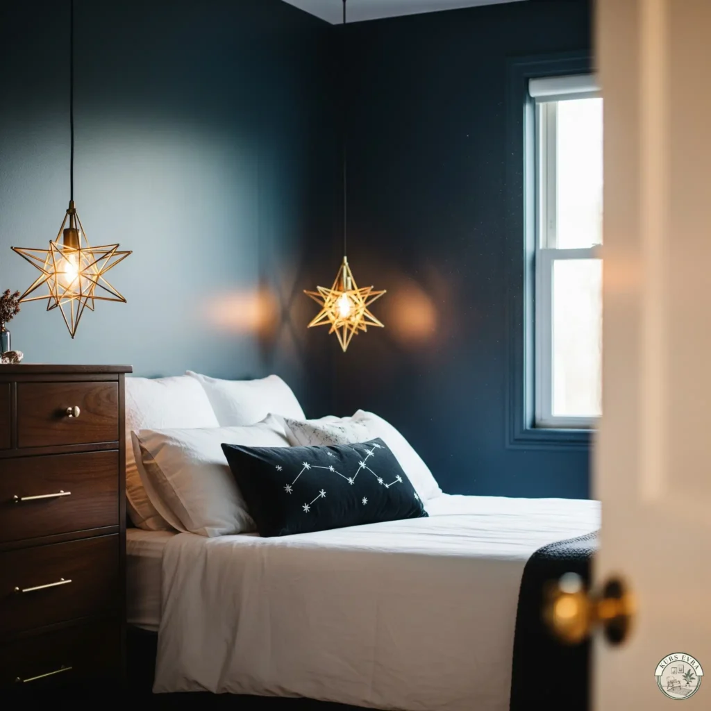 Navy bedroom, star lights, white, brass.