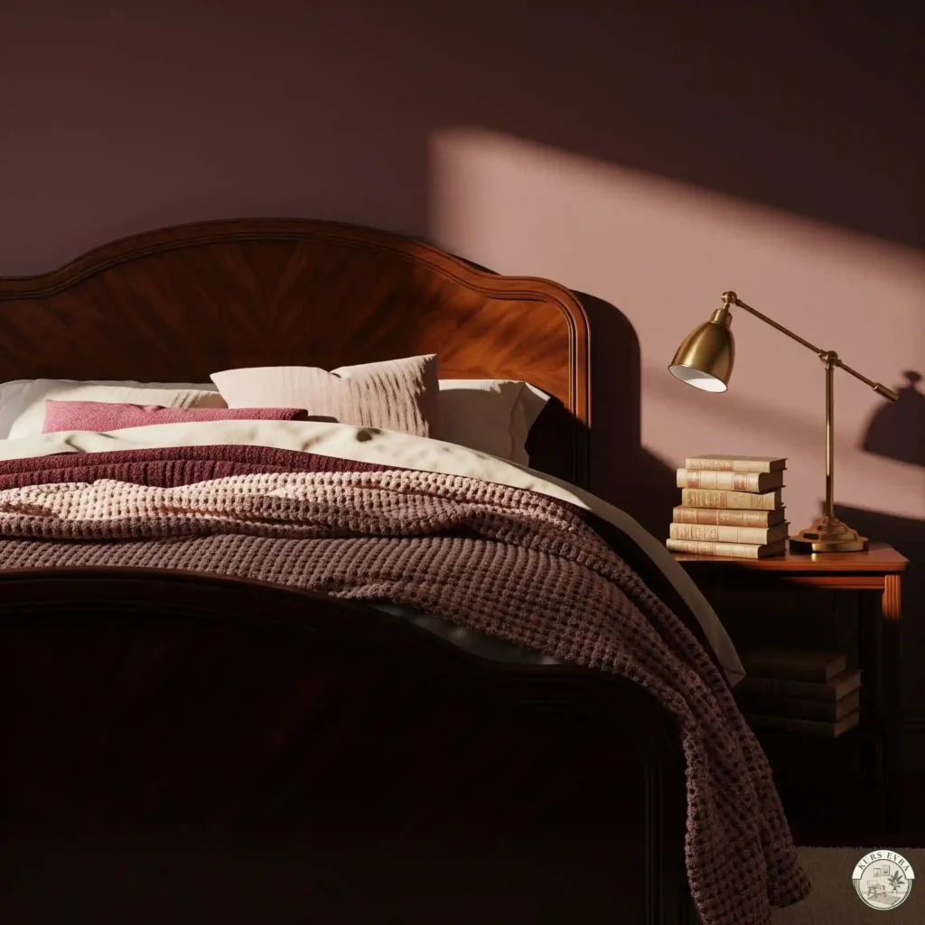 Warm bedroom, mulberry, dark wood, brass lamp.
