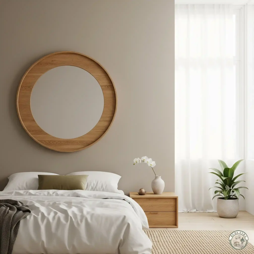 Minimalist bedroom with large round mirror.