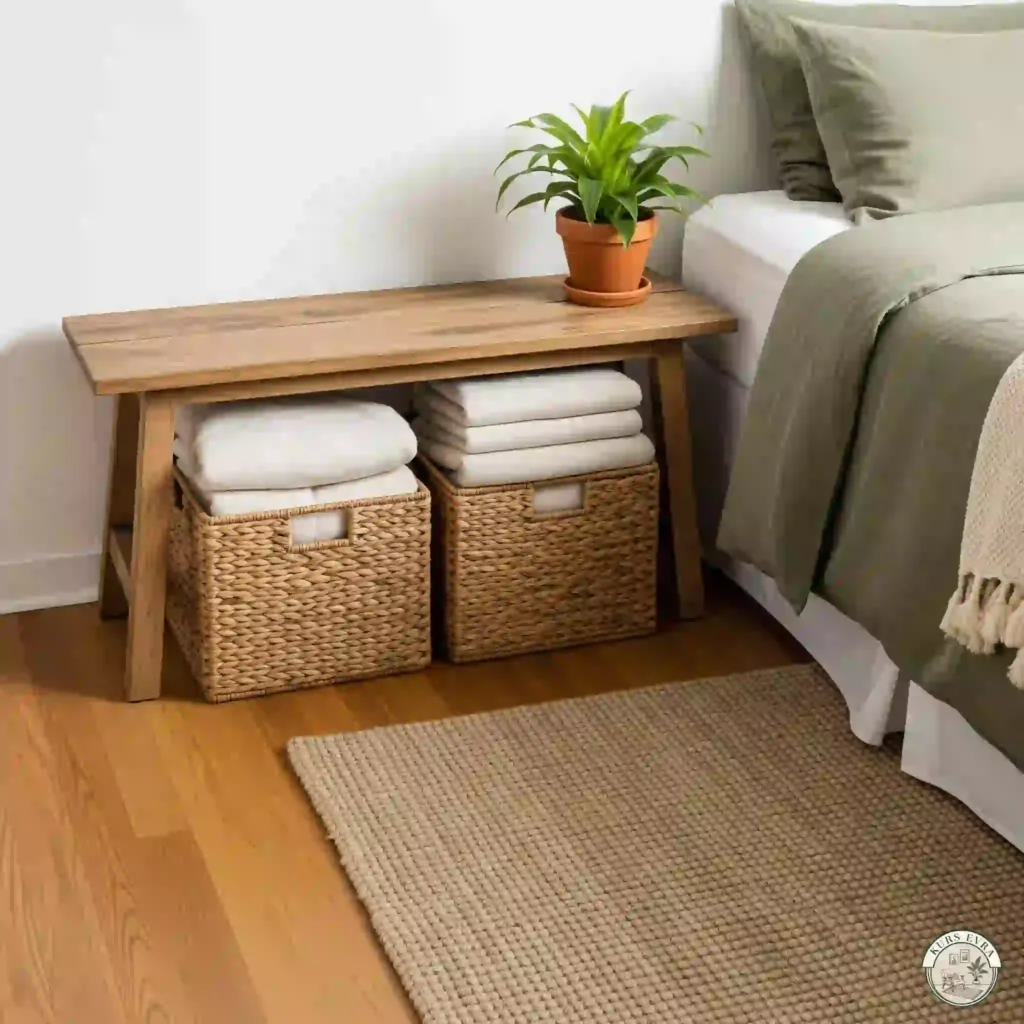 Tidy bedroom corner with woven baskets and plant.
