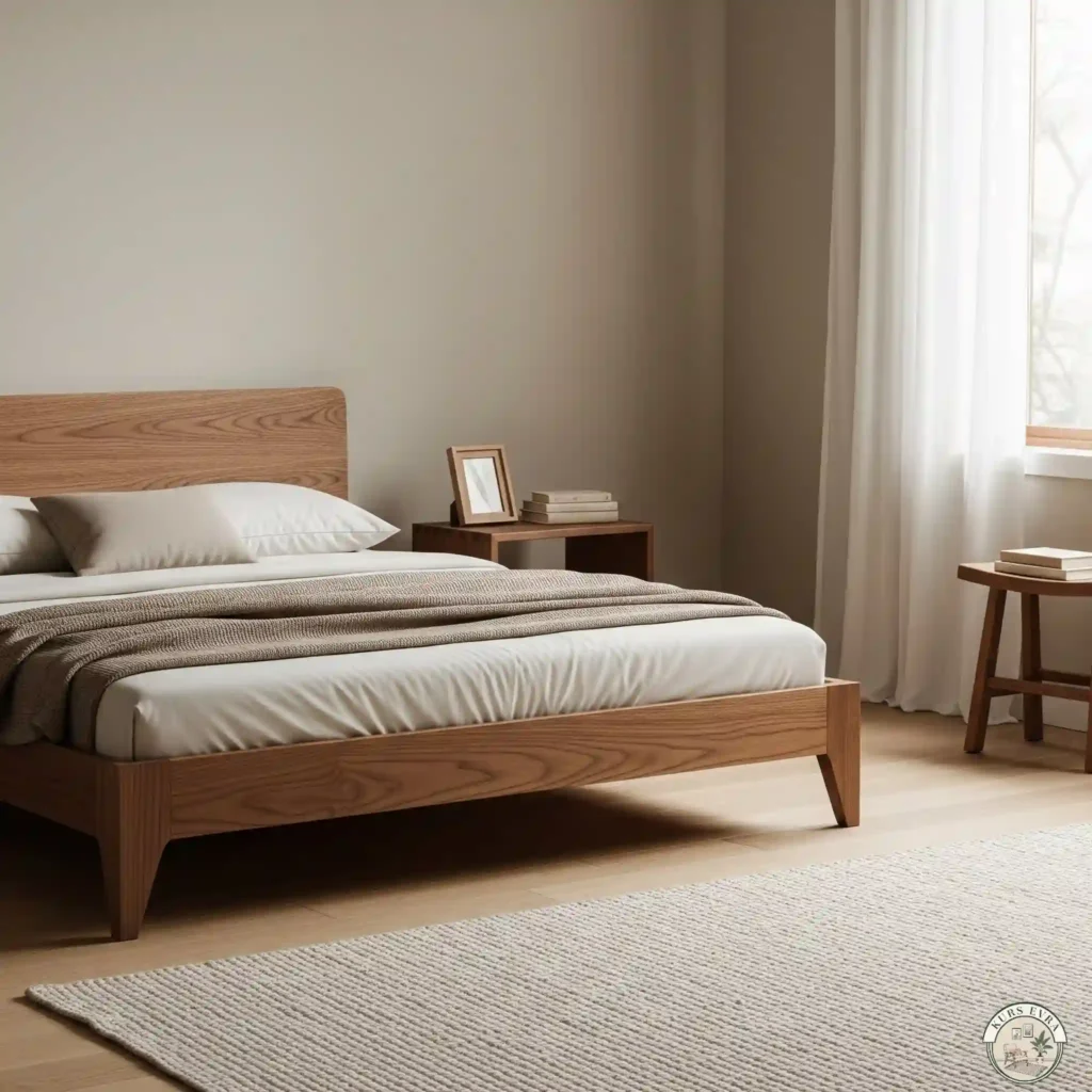 Minimalist bedroom with oak platform bed