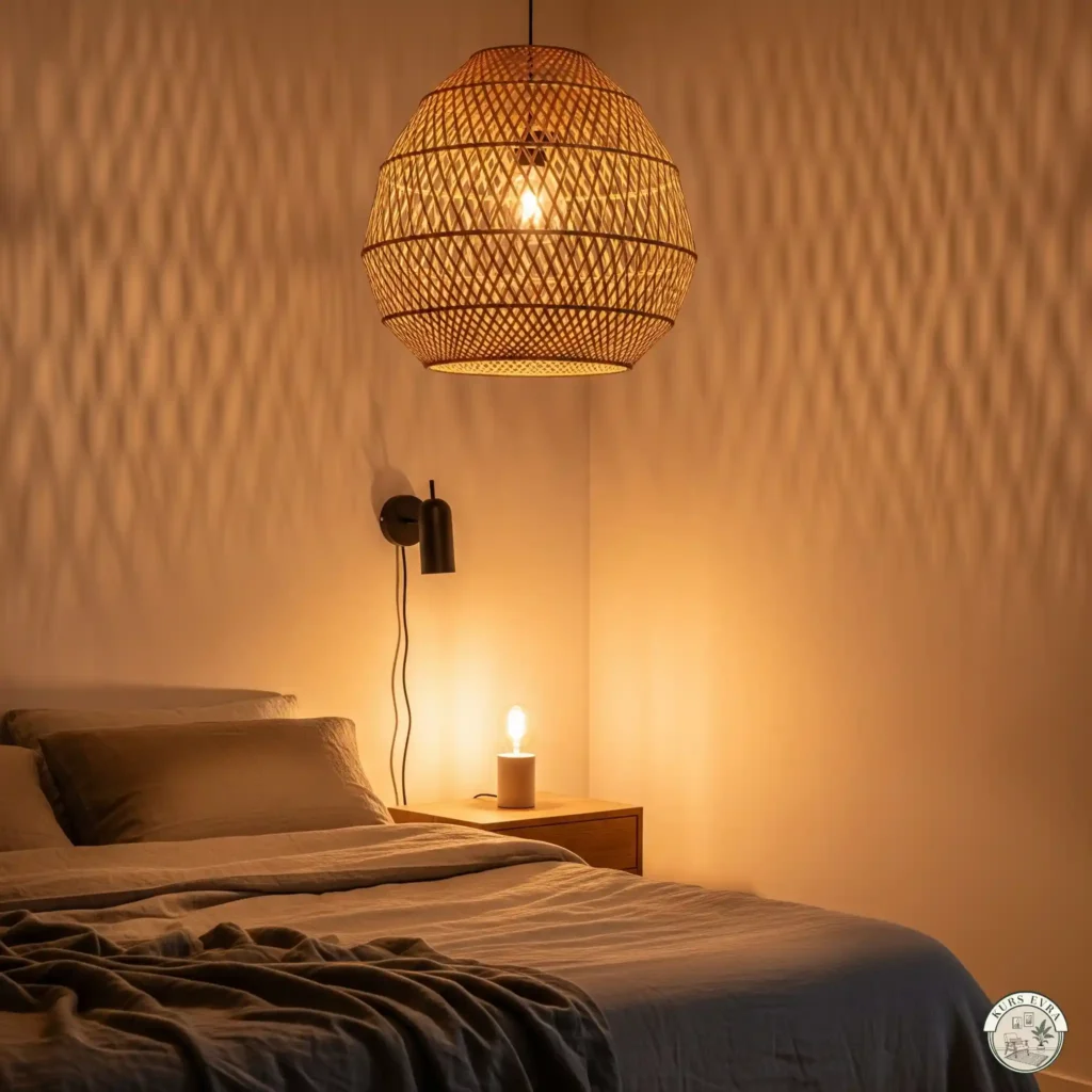 Bedroom corner with rattan pendant light.