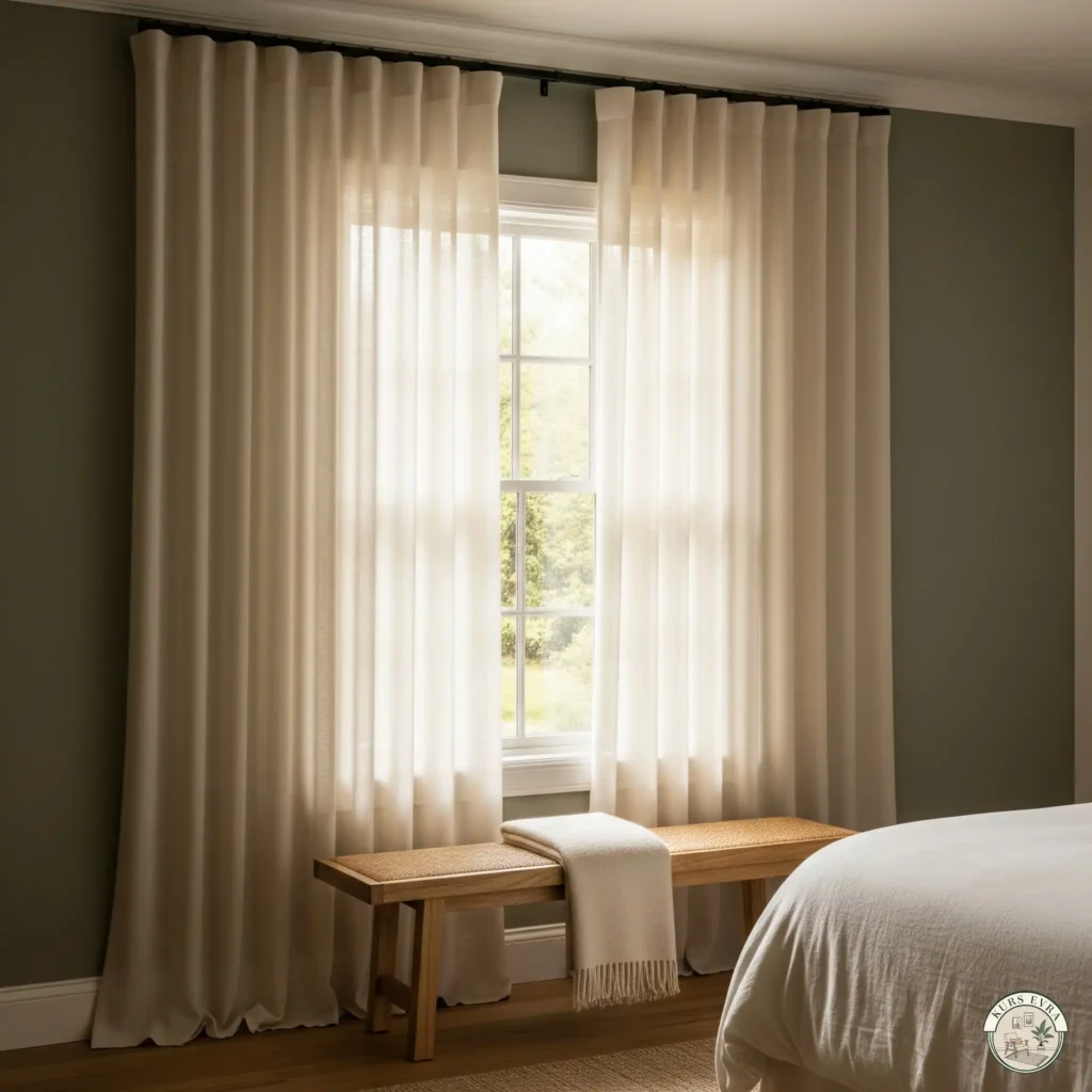 Bedroom window with sheer ivory curtains.
