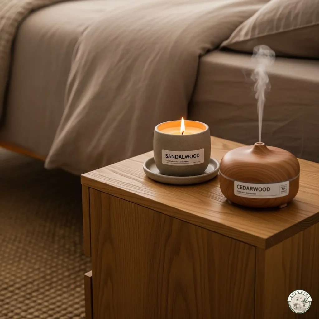 Nightstand with sandalwood candle and diffuser.