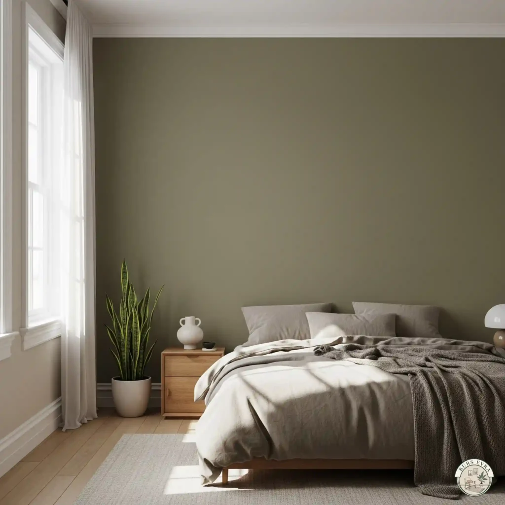 Serene bedroom with olive green accent wall.
