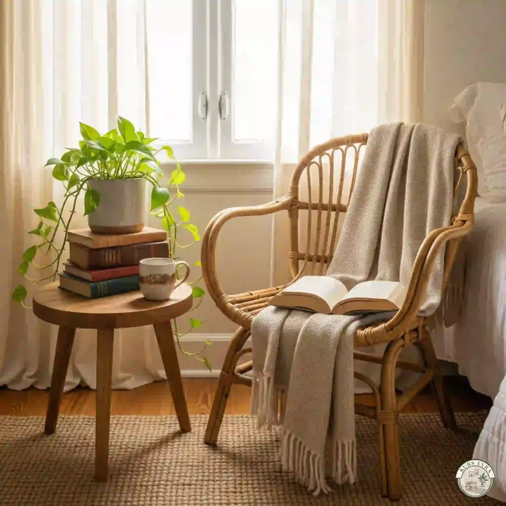 Cozy reading nook with rattan chair.