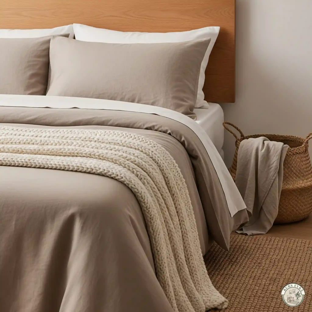 Cozy bed with taupe linen and knit throw