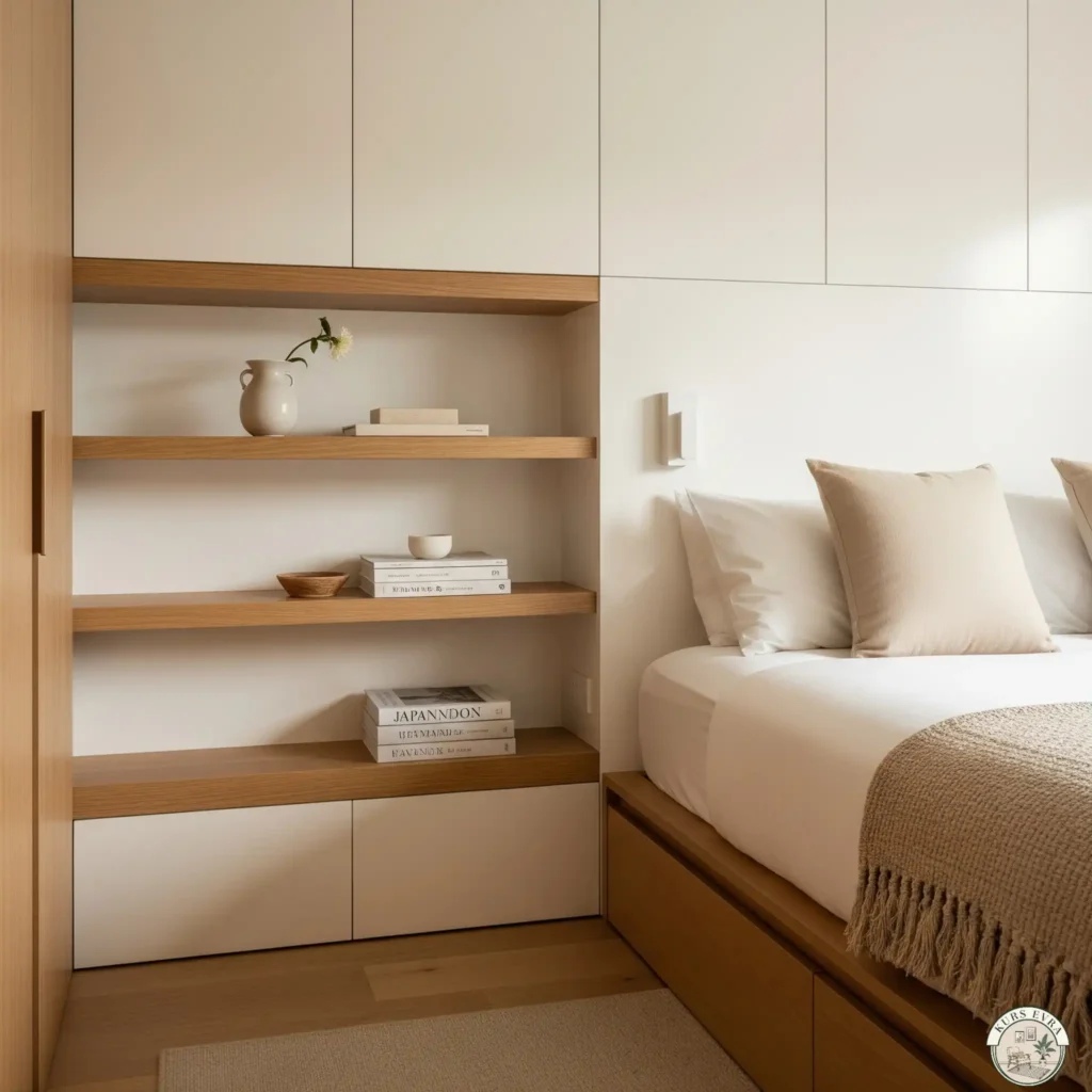 Japandi bedroom with sleek under-bed storage and built-in shelves.