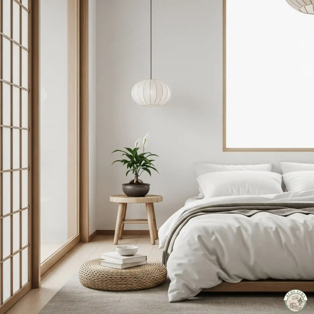 Minimalist Japandi bedroom with a small plant on a wooden side table.