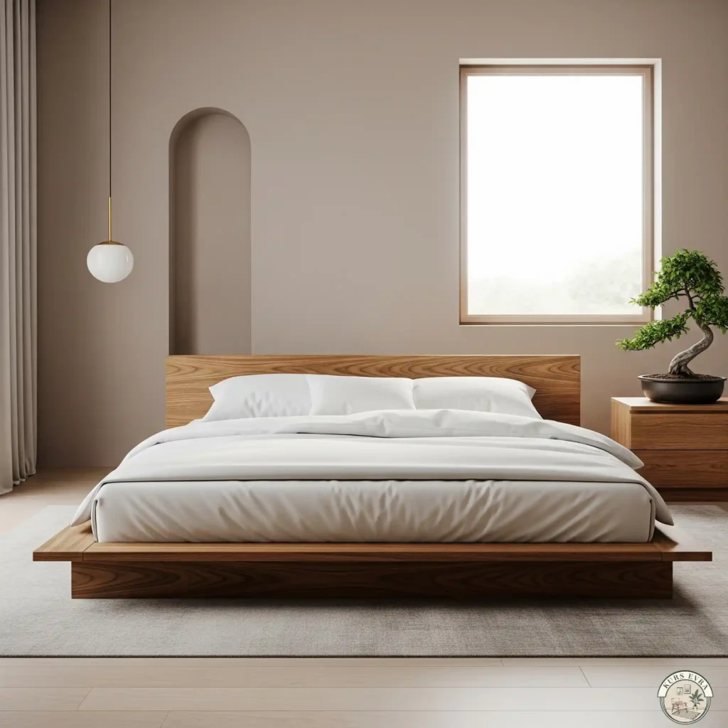 Minimalist bedroom with low wooden bed, white linens, and a bonsai.