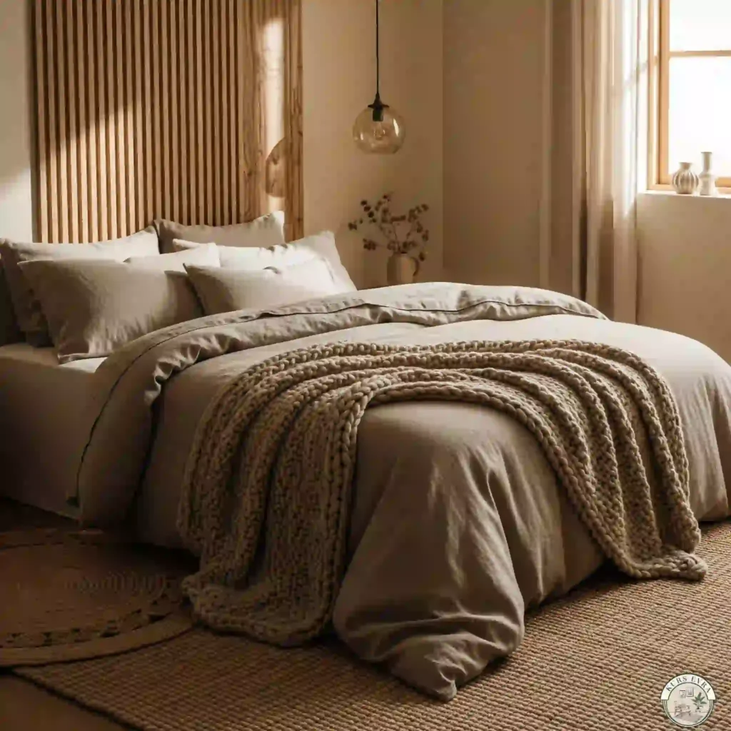 Cozy bedroom with plush taupe linens, knit throw, and jute rug.