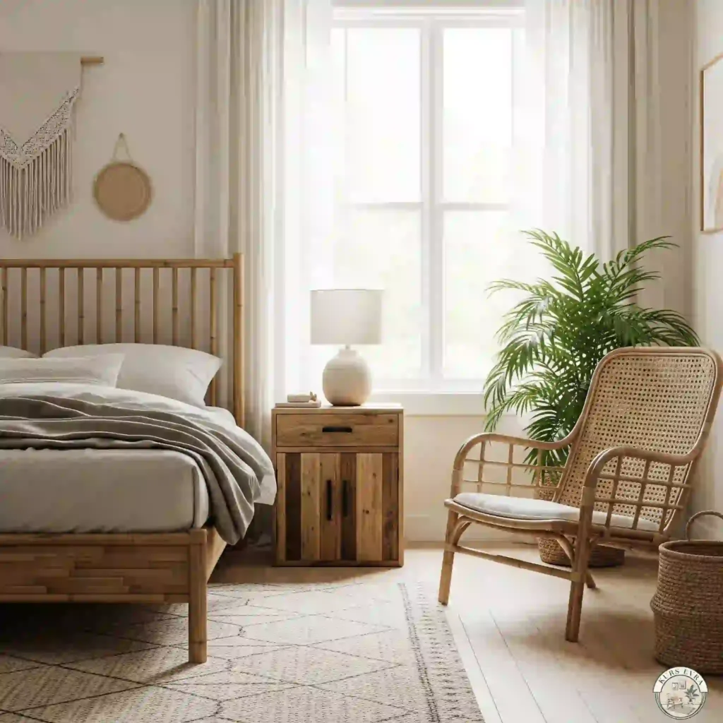 Bedroom with bamboo bed, reclaimed wood, and natural textures.