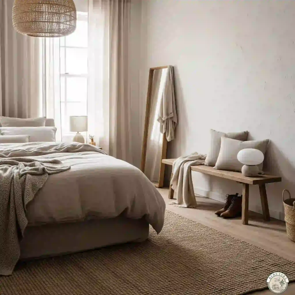 Cozy Japandi bedroom in neutral tones with layered bedding.