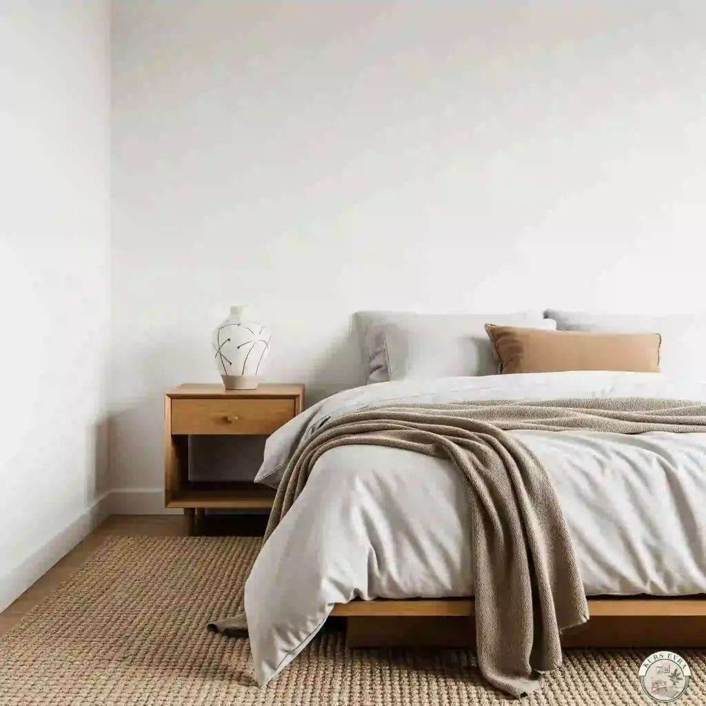Serene bedroom with a low bed, neutral linens, and a single vase.